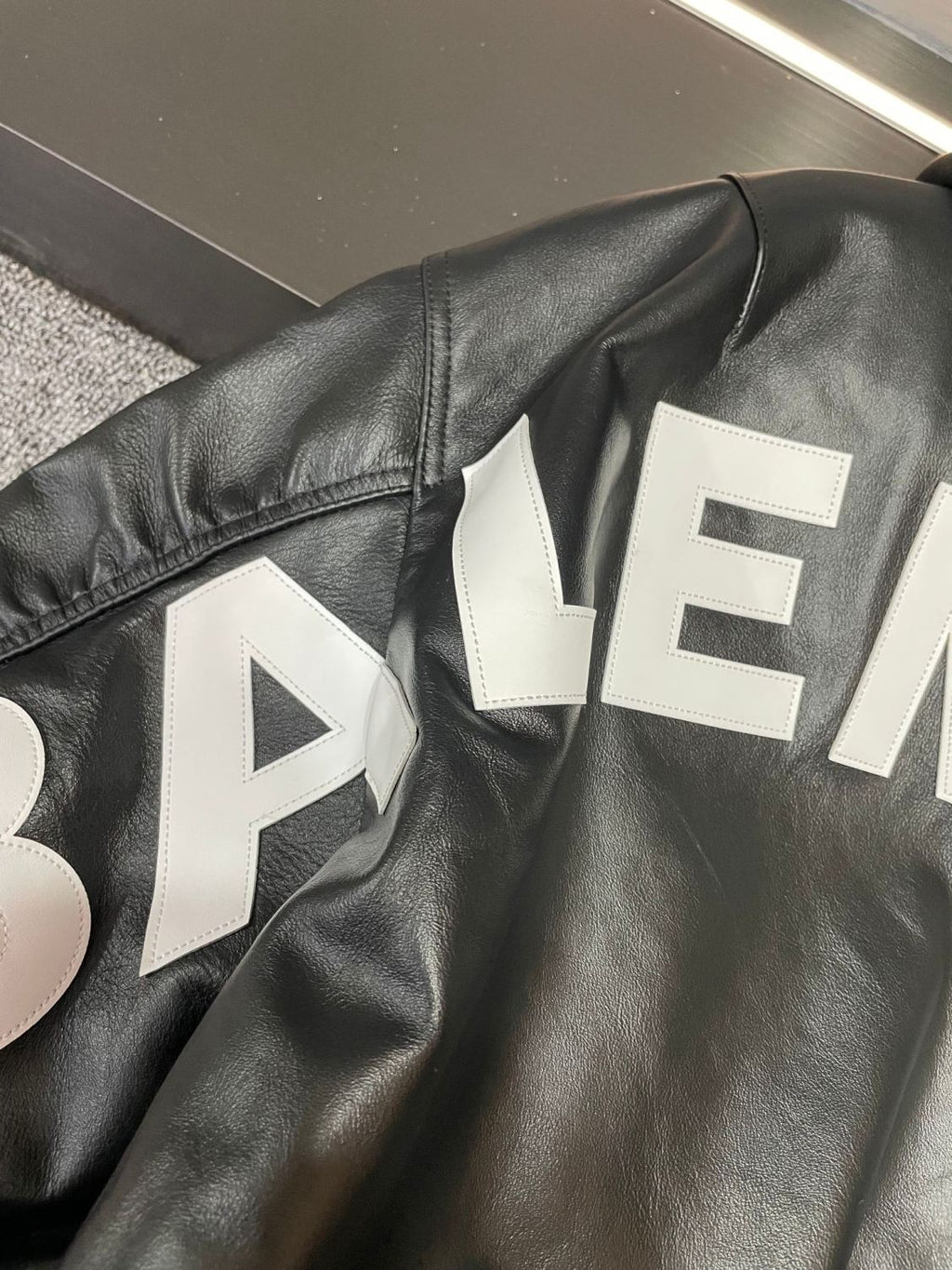 Balenciaga Men's Fall/Winter Black Letter Print Hooded Drop Shoulder Long Sleeve Zipper Leather Jacket #72777
