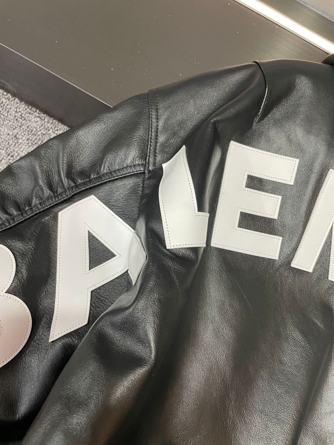 Balenciaga Men's Fall/Winter Black Letter Print Hooded Drop Shoulder Long Sleeve Zipper Leather Jacket #72777