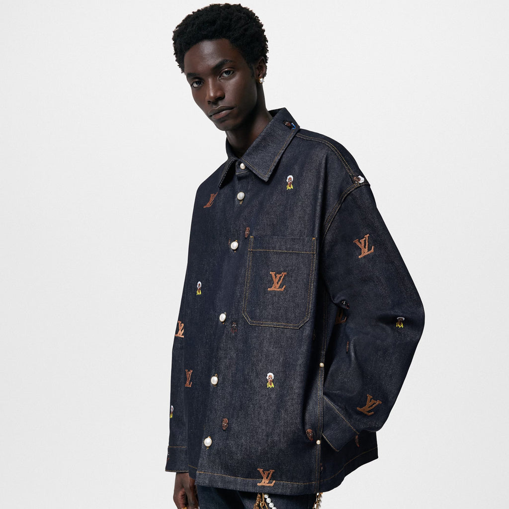 Louis Vuitton Men's Spring & Autumn Monogrammed Embroidered Single Breasted Lapel Loose Denim Jacket Style Shirt #98713