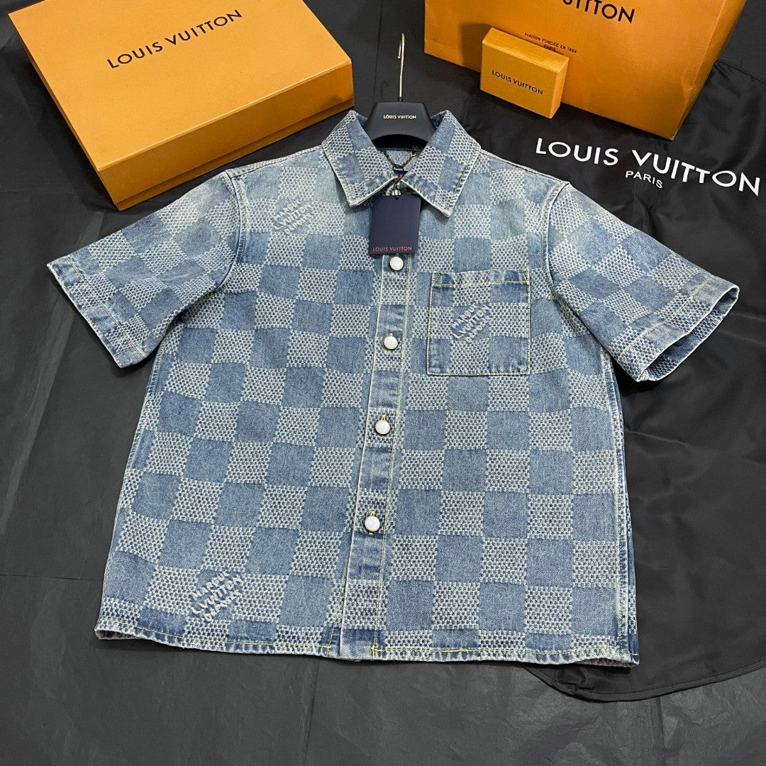 Louis Vuitton Men's Summer Blue Logo Printed Lapel Single Breasted Denim Short Sleeve Shirt Straight Jeans Shorts Set Suit #76984