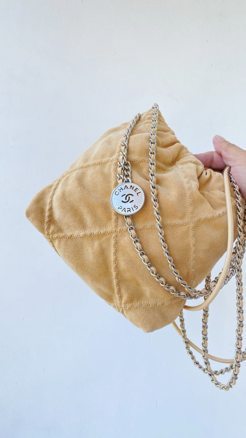 Chanel Suede Rivet Style 22 Bag Mini Antique Silver Buckle Italian Bonaudo Suede Calfskin Apricot Silver Buckle Women's Luxury Chain-strap Tote Bag Bags #81448