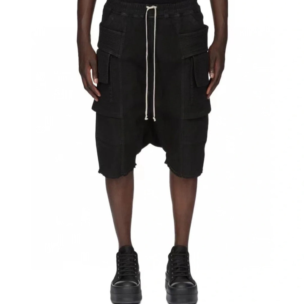 Rick Owens X Dekshdw Men's Spring/summer Vintage High Street Broken Black Distressed Denim Shorts With Drawstring Pants Ngvp #8539
