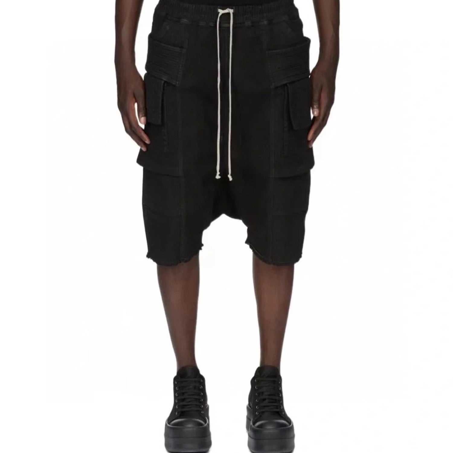 Rick Owens X Dekshdw Men's Spring/summer Vintage High Street Broken Black Distressed Denim Shorts With Drawstring Pants Ngvp #8539