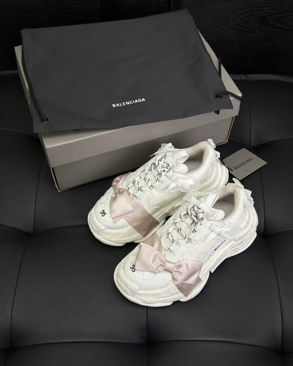 Balenciaga Triple S Lace Women's Solid Color Bow-Decorated Low-Top Lace-Up Thick-Sole Sneakers Shoes #77559