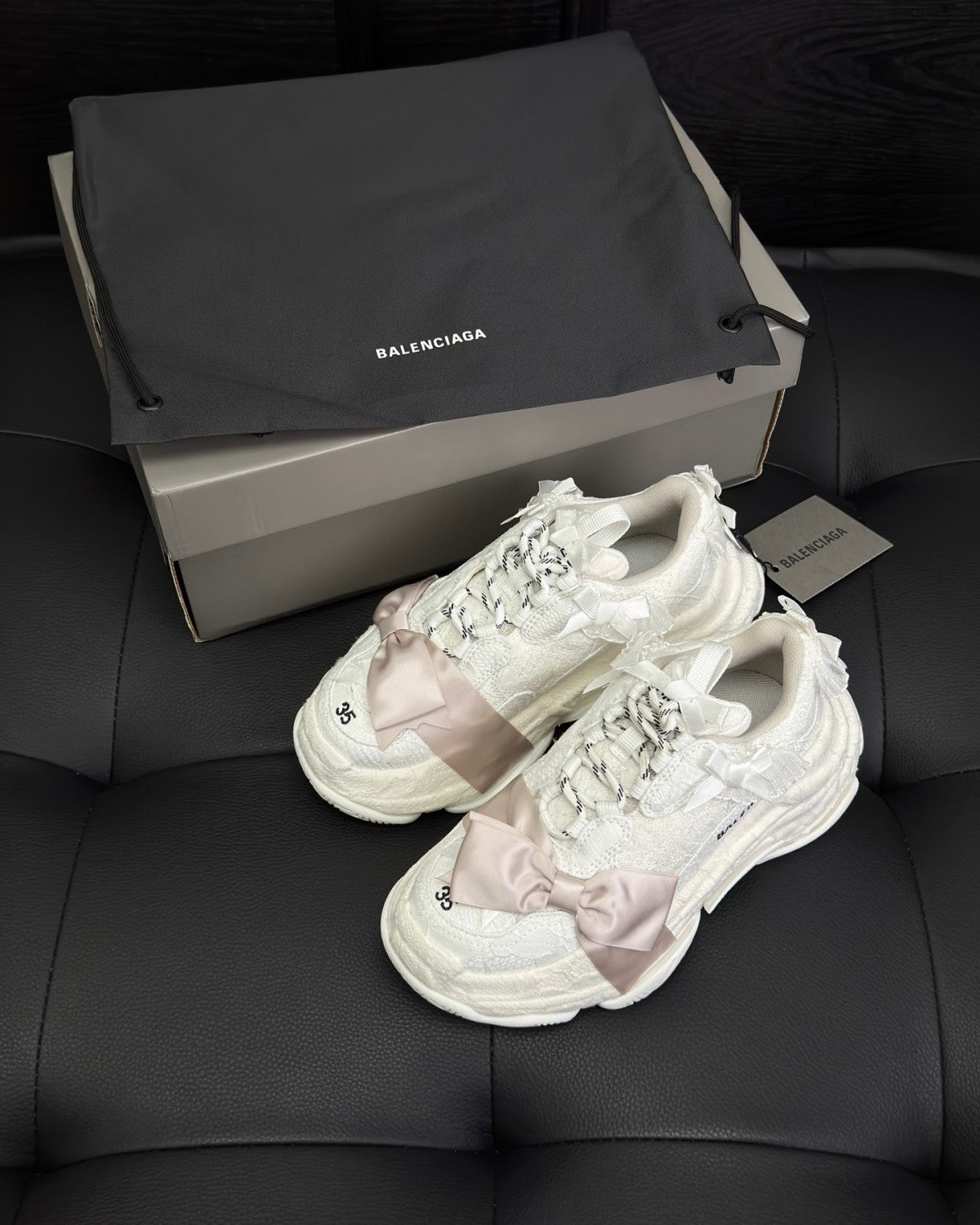Balenciaga Triple S Lace Women's Solid Color Bow-Decorated Low-Top Lace-Up Thick-Sole Sneakers Shoes #77559