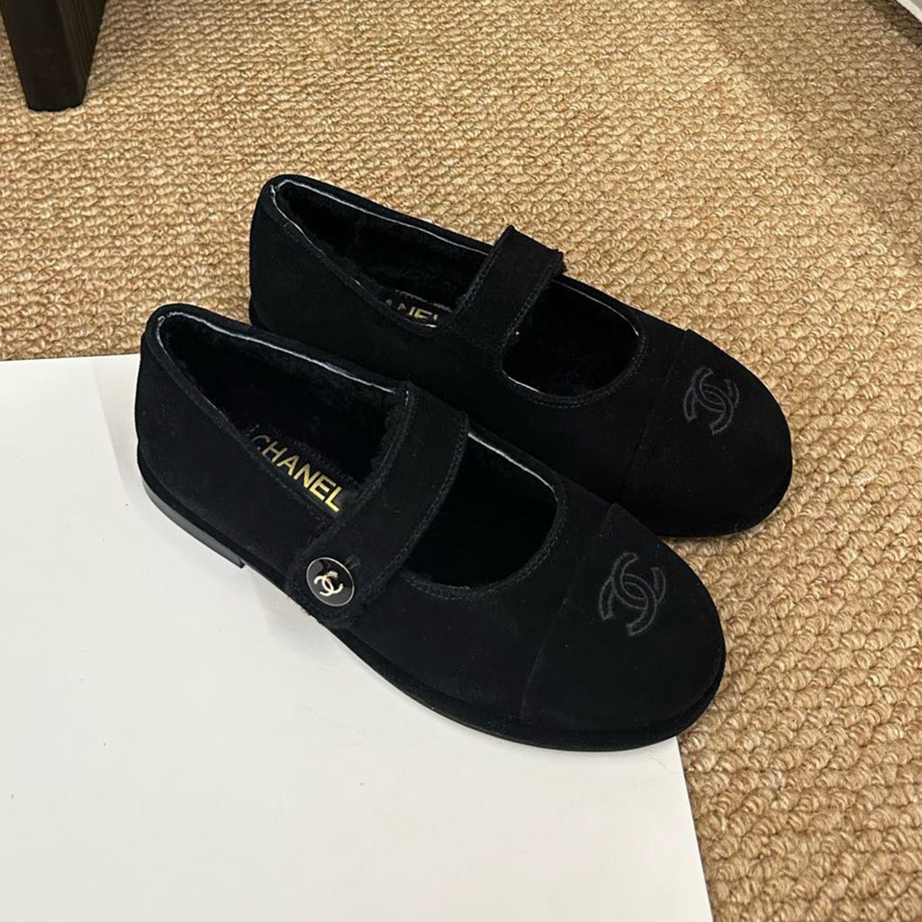 Chanel Women's Autumn/Winter Mary Jane Shoes Solid Color Leather Lamb Wool Single Shoes Round Head Buckle Flat Heel Casual Shoes #81733