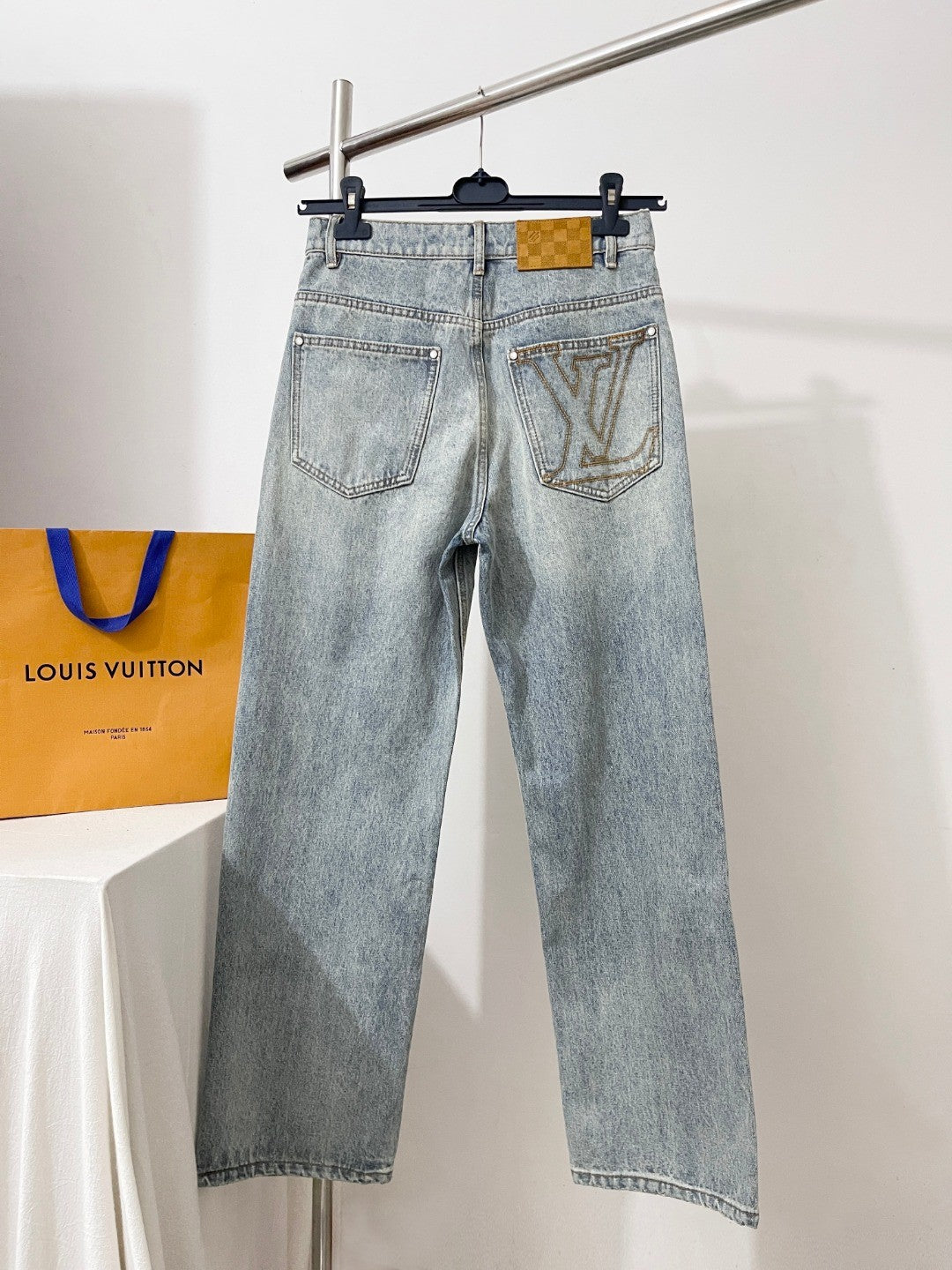 Louis Vuitton Men's Spring/Autumn Solid Color Embroidered Logo Pocket Jeans Pants #77221