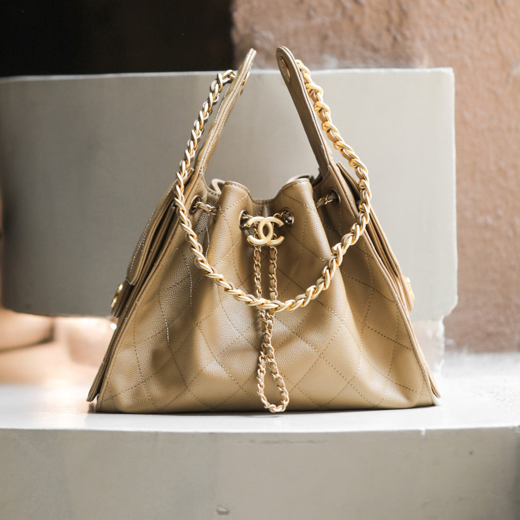 Chanel Women's Fashion Classic Solid Color Leather Logo Drawstring Underarm Bag Chain Handbag Tote Shoulder Bag Bags AS5293-B20304-U2367 Metallic-colored Leather Tends To Fade Easily #78855