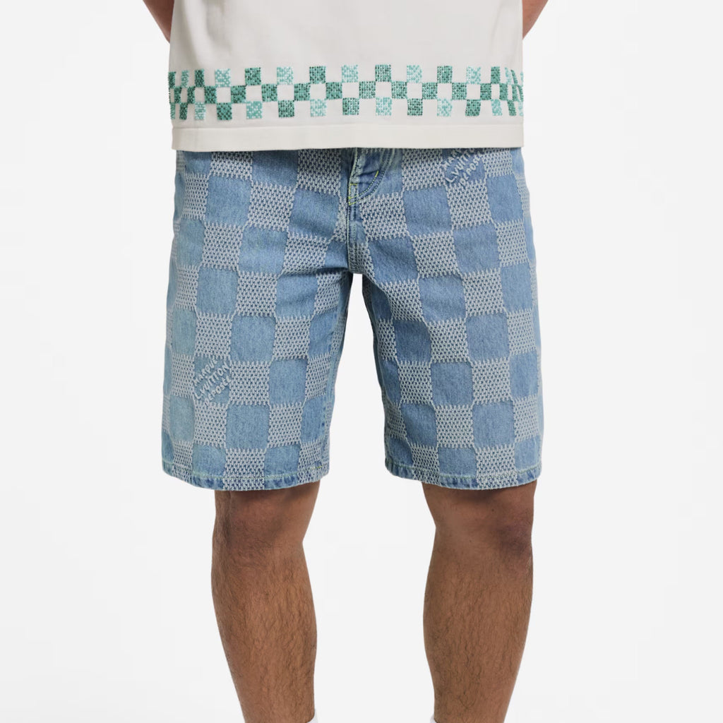 Louis Vuitton Men's Summer Solid Colour Checkerboard 3D Print Casual Denim Shorts #76864