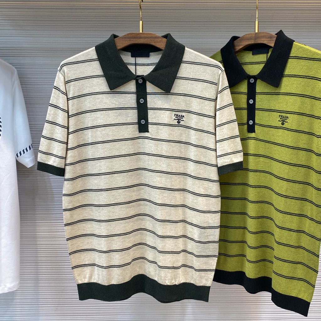 Prada Men's Summer Striped Logo Solid Color Knit Pullover Short Sleeve Polo Shirt #81199