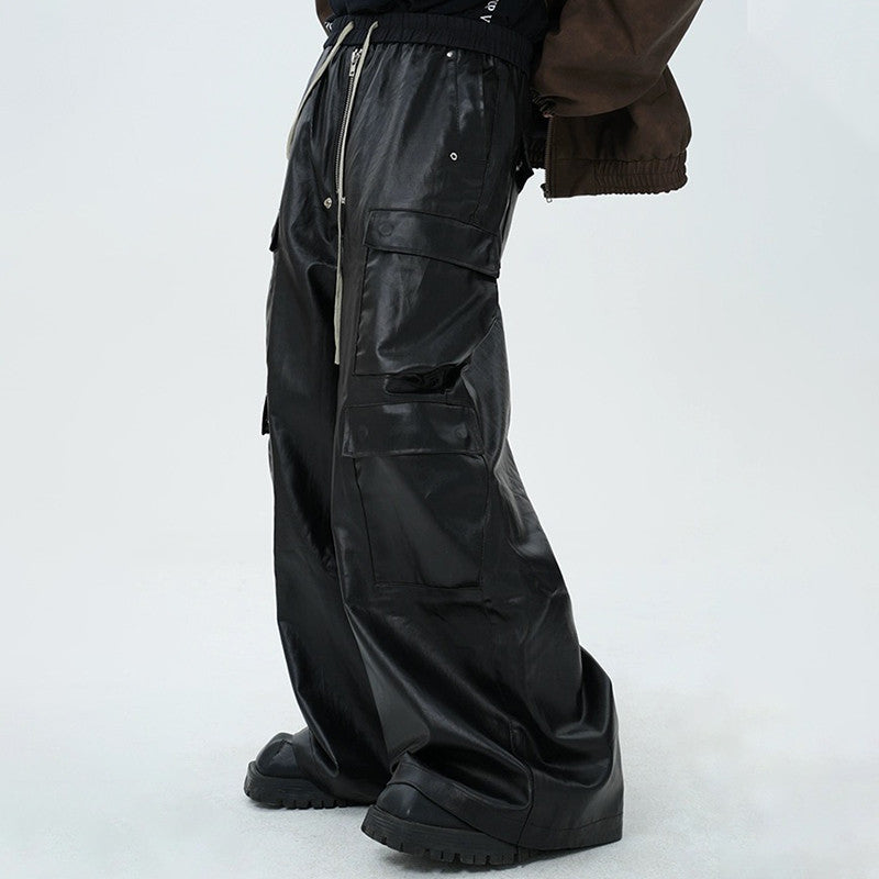 Rick Owens Men's Fashion Biker Retro Work Pants Zipper Drawstring Black Multi-pocket Loose Long Pants Ngvp #7442