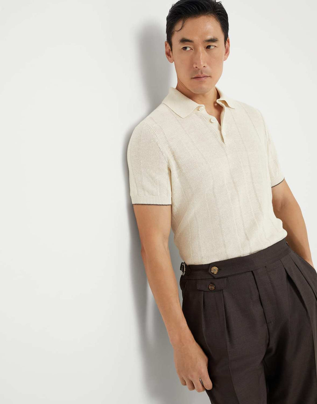 Brunello Cucinelli Men's Summer Solid Color Fitted Short Sleeve Linen And Cotton Wide Rib Knit Polo Shirt Ngvp #1559