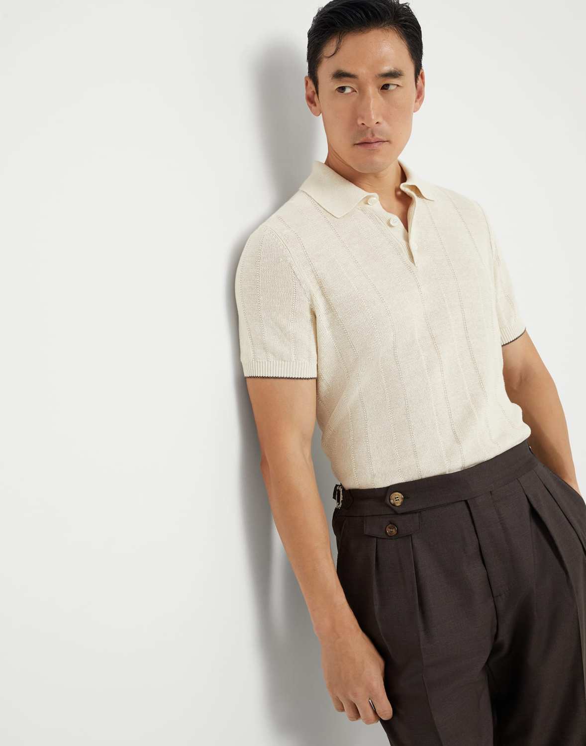 Brunello Cucinelli Men's Summer Solid Color Fitted Short Sleeve Linen And Cotton Wide Rib Knit Polo Shirt Ngvp #1559