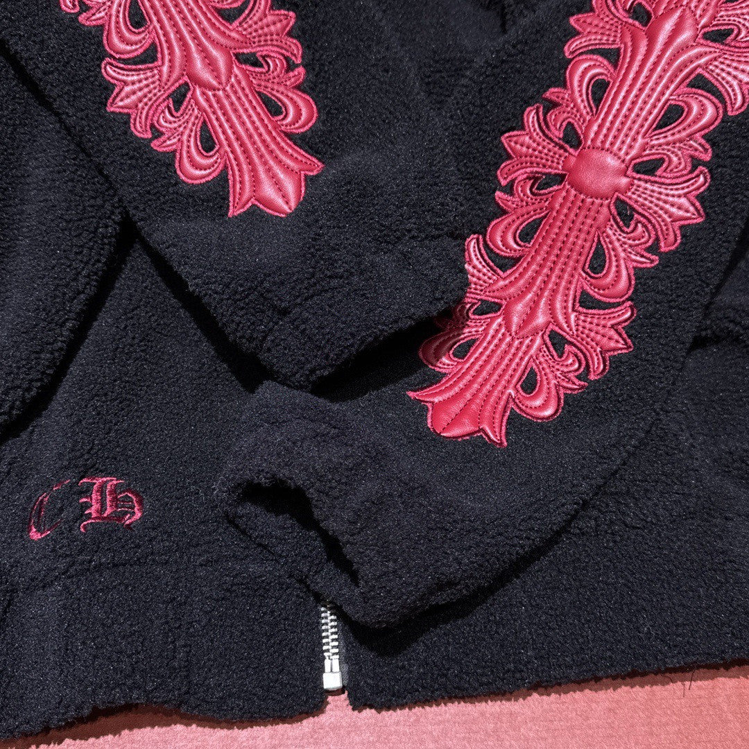 Chrome Women's and Men's Fall/Winter Hearts Polar Fleece Red Leather Cross Coat Embroidered Flowers  #332923