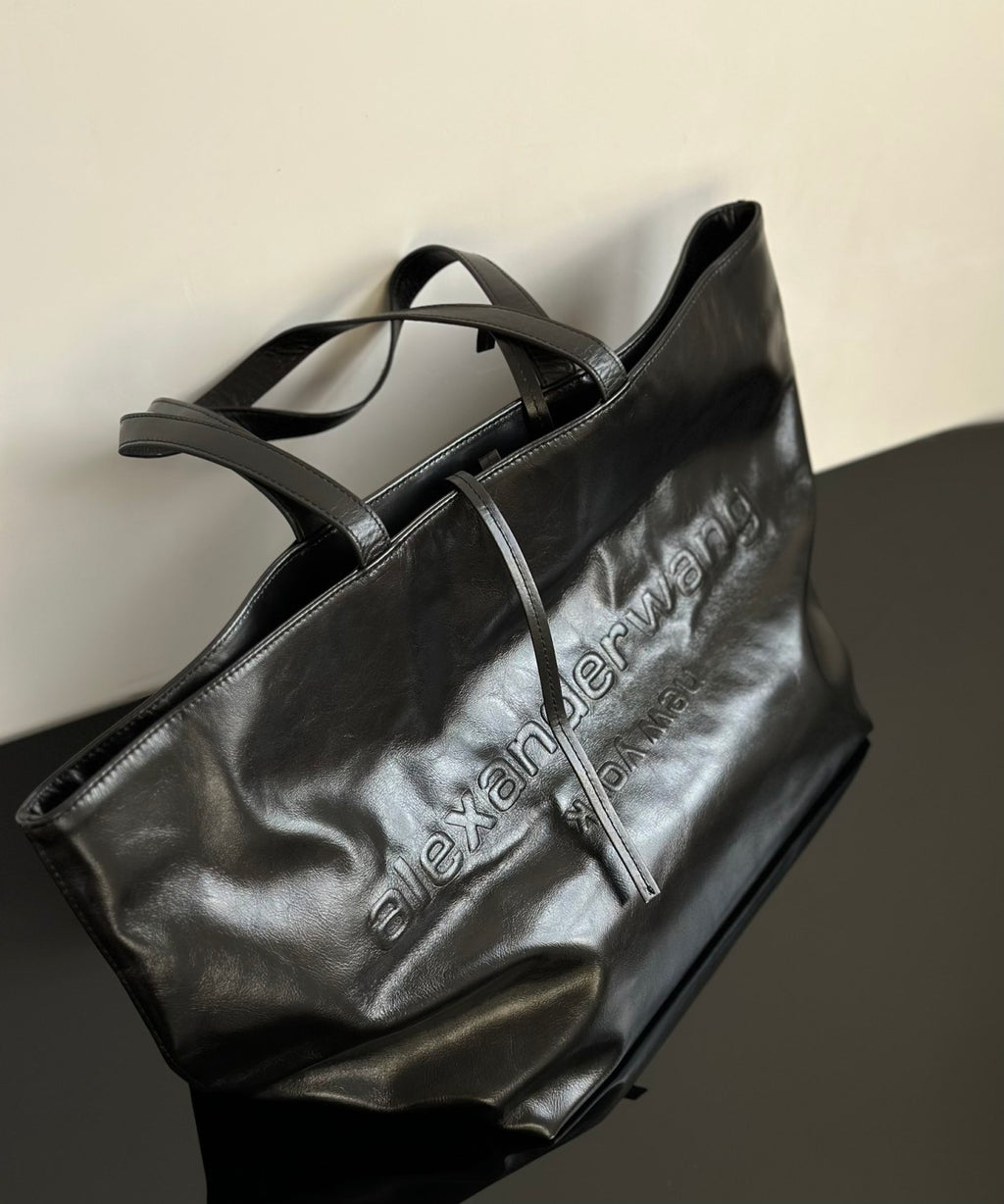Alexander Wang Women's Punch Tote Laptop Bag - Black Large Capacity Bag with Alphabet Logo Stylish Heat-Pressed Leather Bags #82354A