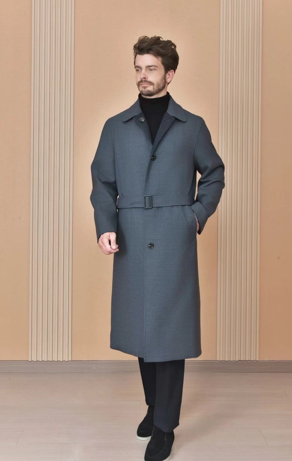 Loro Piana Men's Reversible Double-Faced Coat with Belt. Single-Button Lapel. Long Fit Jacket Ngvp #2336
