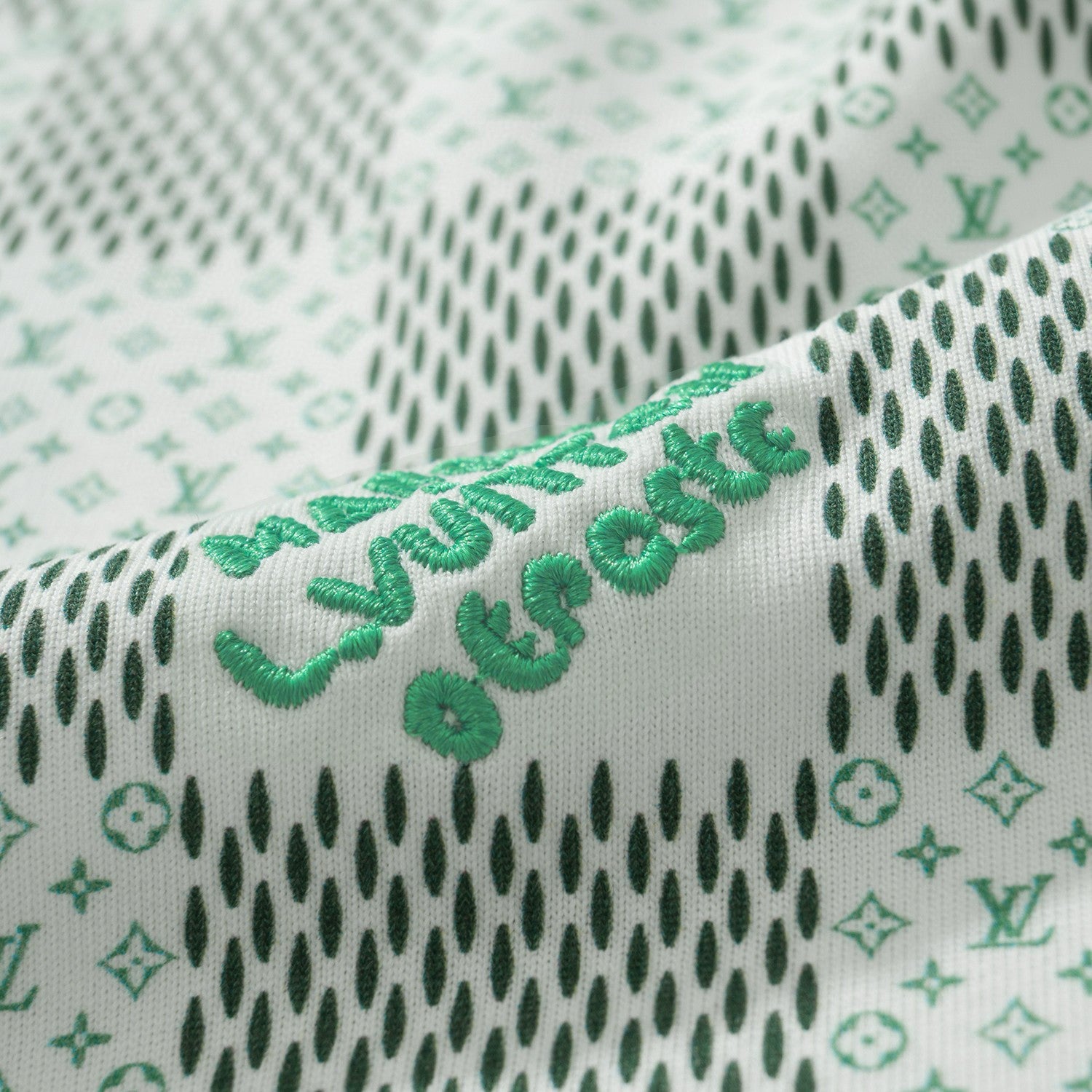Louis Vuitton Men's Green Checkerboard Graphic Crew Neck Cotton Short Sleeve T-Shirt #99471