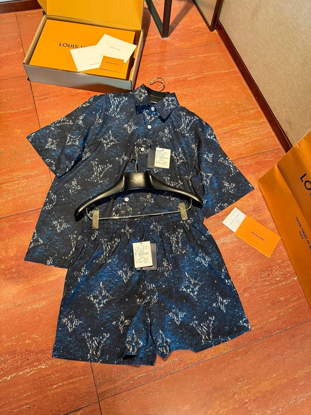 Louis Vuitton Men's Summer Logo Print Single Breasted Silk Short Sleeved Shirt And Casual Drawstring Shorts Suit Set #76997