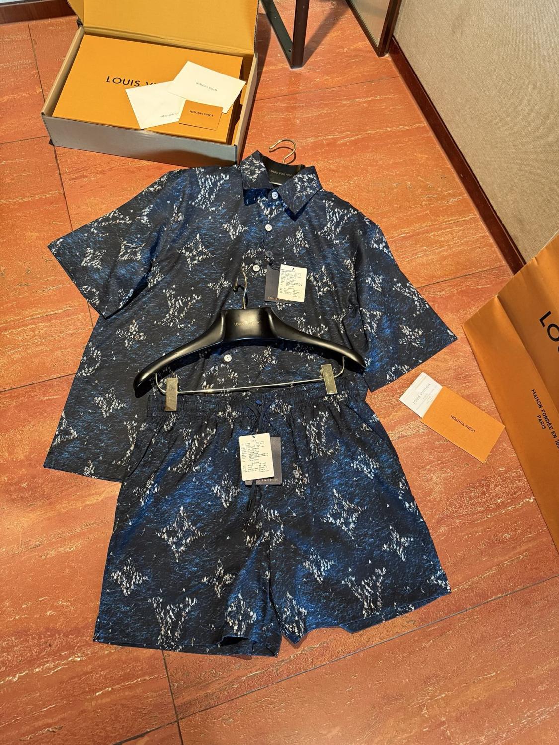 Louis Vuitton Men's Summer Logo Print Single Breasted Silk Short Sleeved Shirt And Casual Drawstring Shorts Suit Set #76997