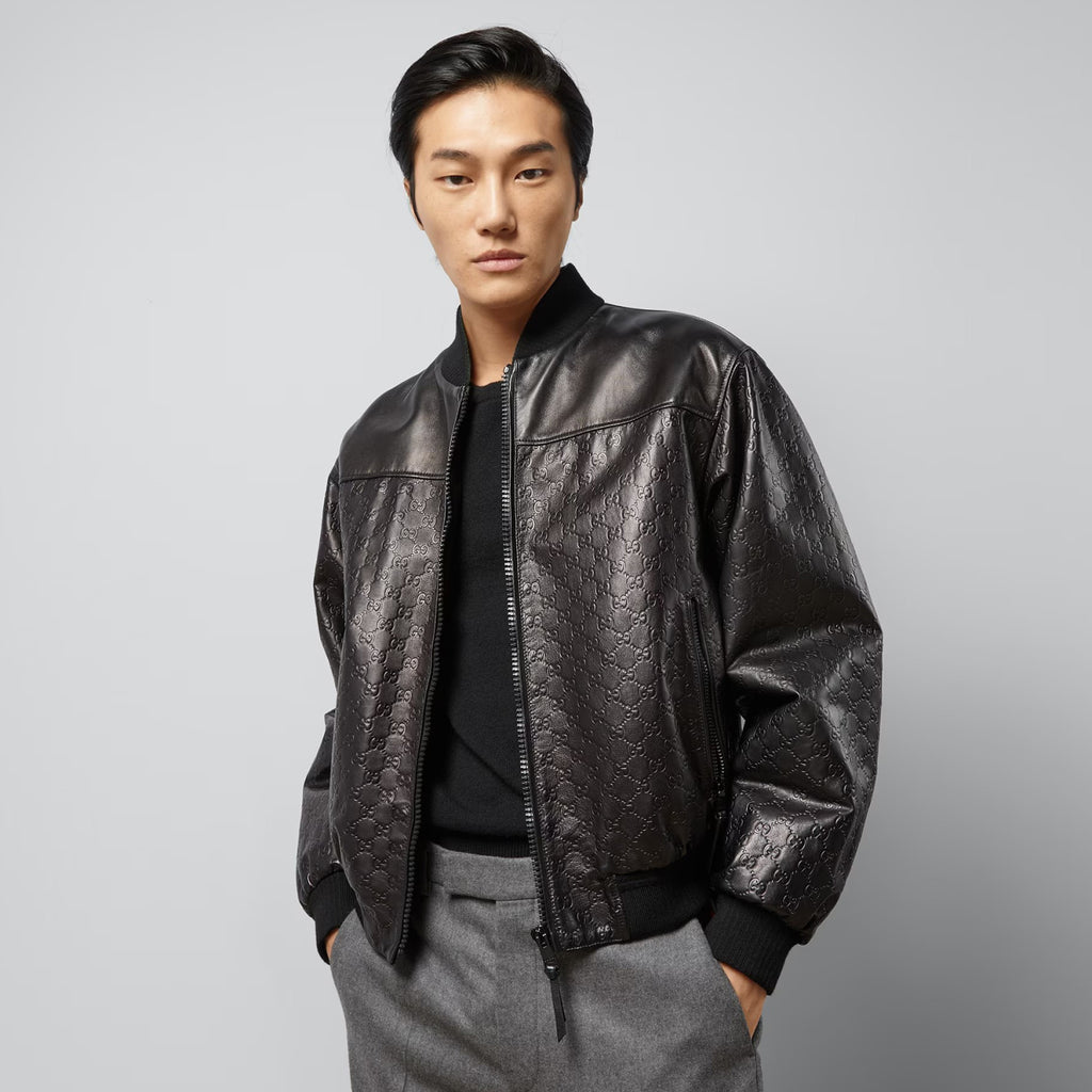 Gucci Men's Spring And Autumn Black Embossed Logo Printed Zipper Leather Baseball Jersey Long Sleeve Jacket #72616