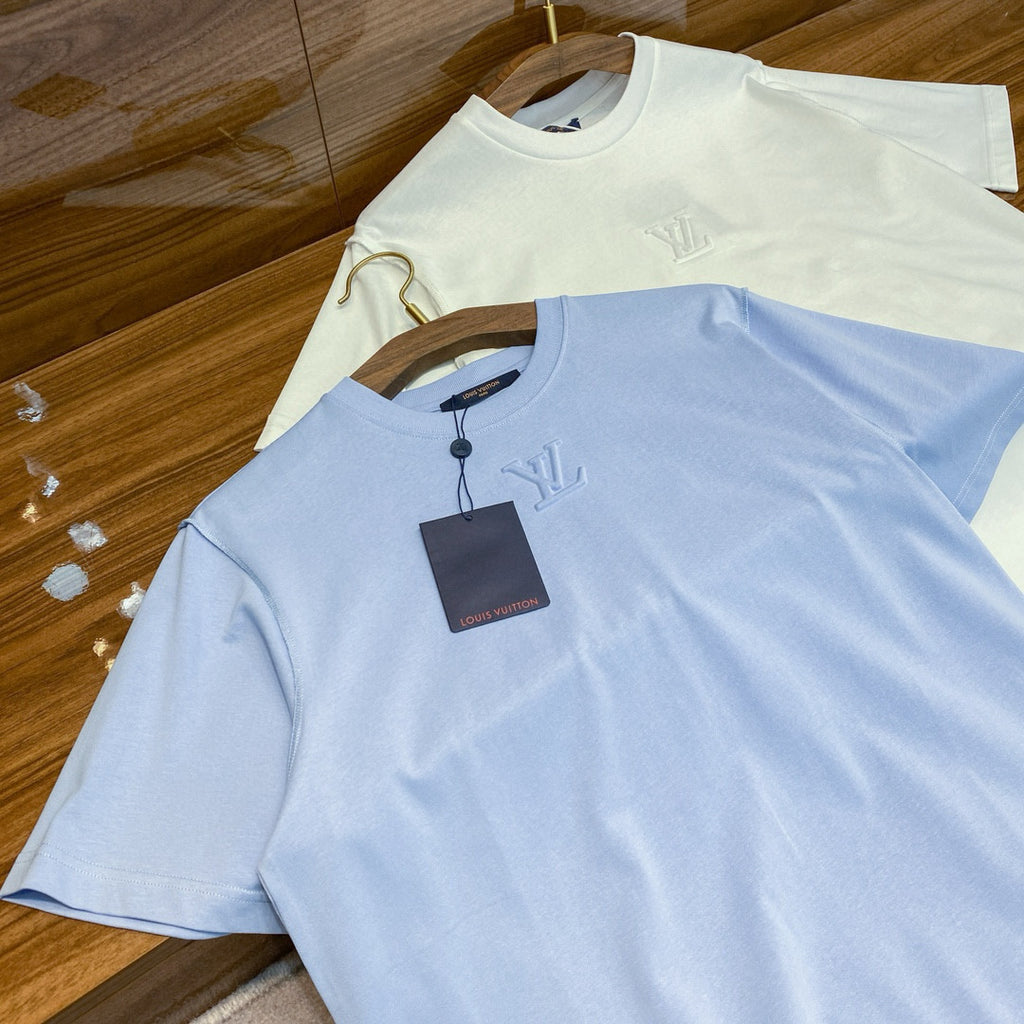 Louis Vuitton Men's And Women's Blue Embossed Logo Loose Round Neck Short Sleeve T-shirt #98495