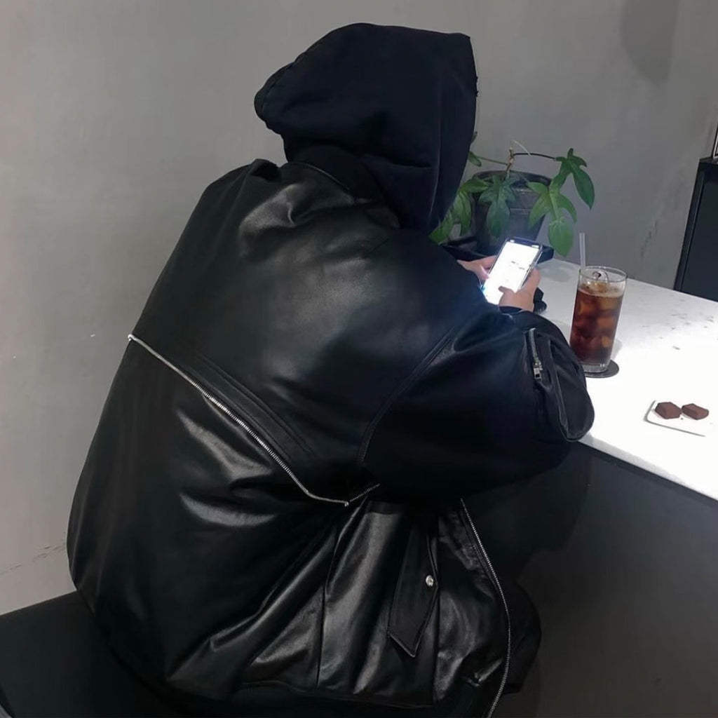 Far archive Autumn And Winter Black Men's Leather Jacket Zipper Fashion High Street Trend Zipper Pocket Jacket #81393