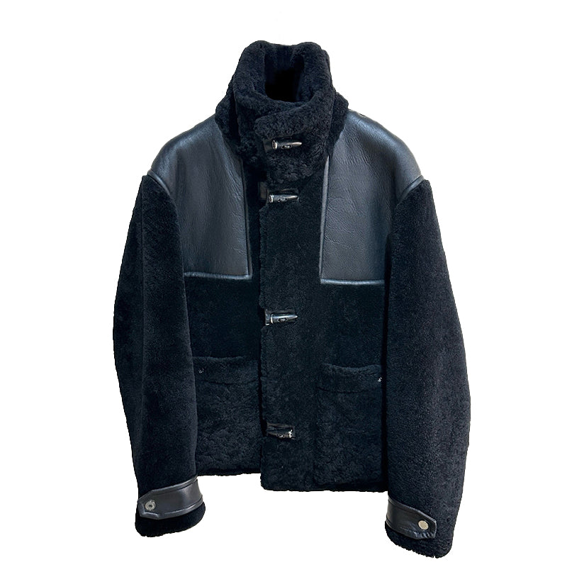 Hermes Men's Fall And Winter Splicing Casual Stand-up Collar Leather Jacket Zipper Button Coat Long Sleeve Jacket  Ngvp #7412