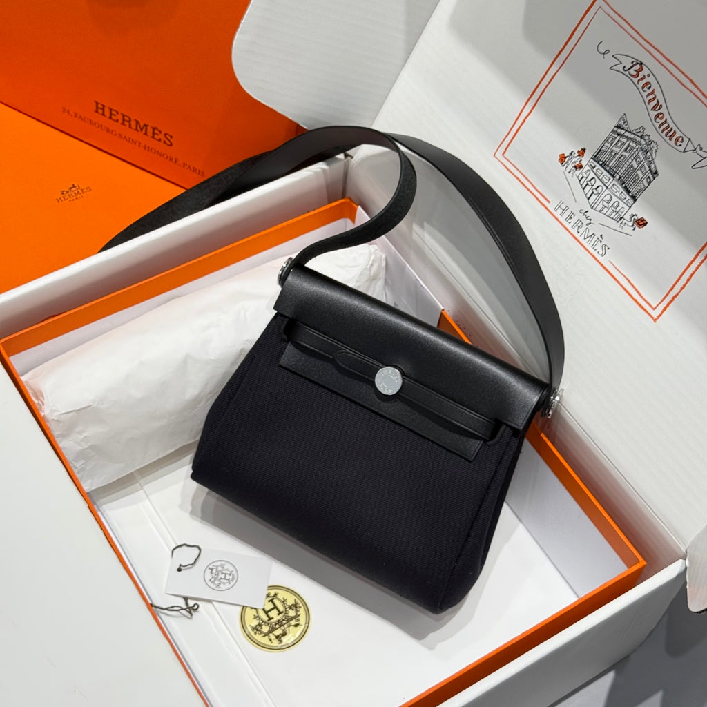 Hermes H -Mini Herbag Women's Color Blocking Metal Buckle Canvas and Cowhide Handbag Shoulder Satchel Bag Bags #76411