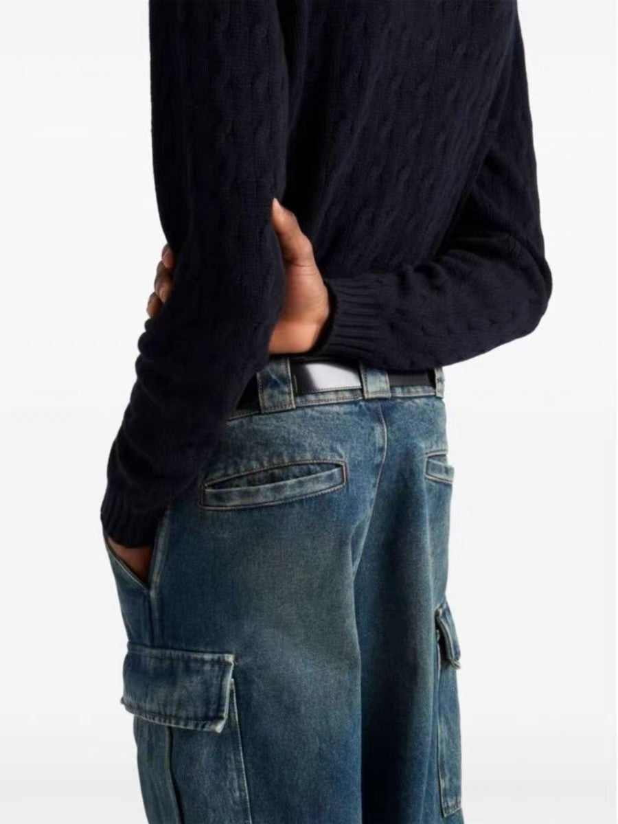 Prada Men's Four Seasons Logo Old Multi-Pocket Mid-Rise Loose Work Pants Cotton Denim Trousers Pants #81198