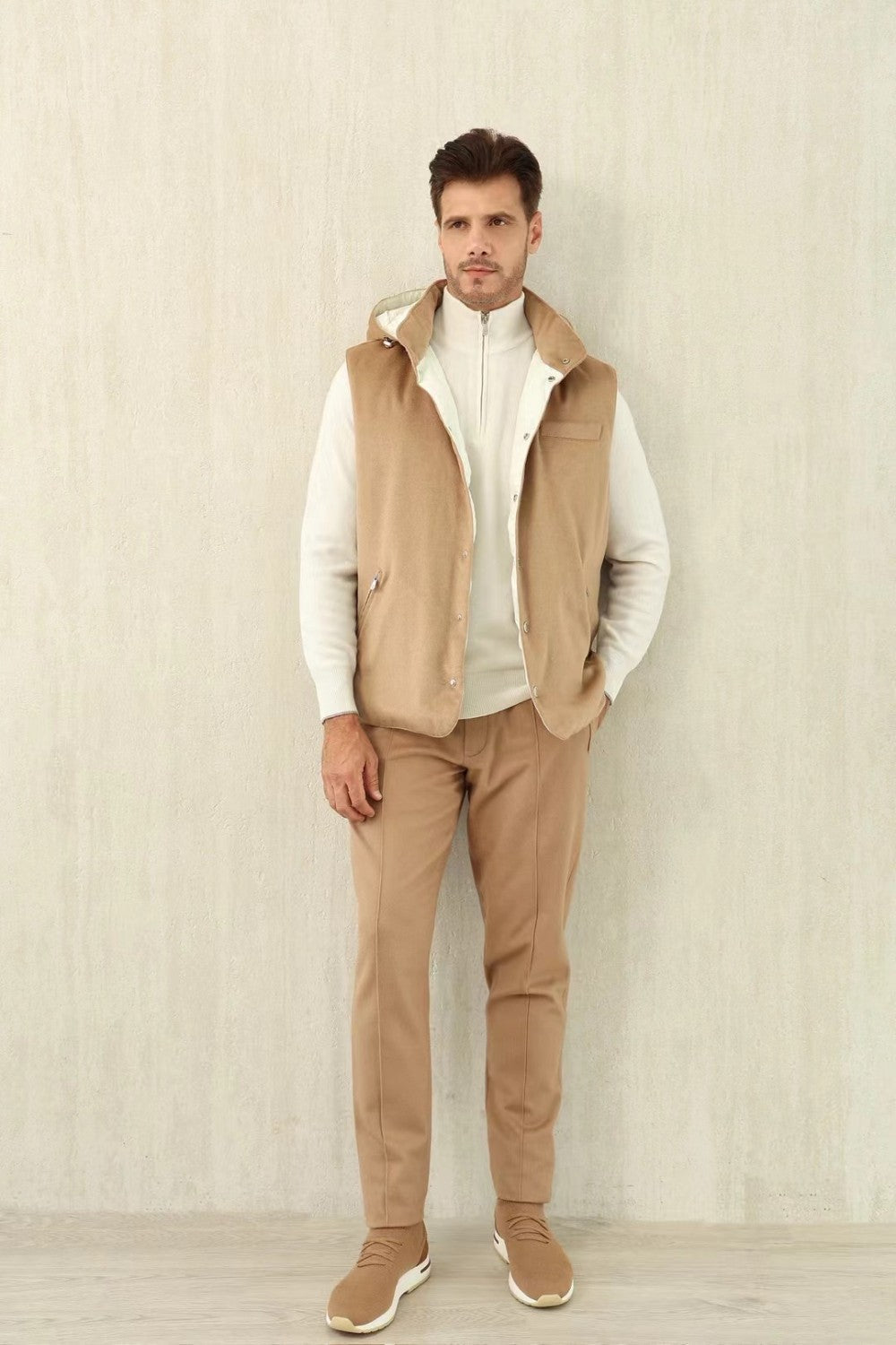 Brunello Cucinelli Men's Spring/Autumn Detachable Hooded Solid Color Single-Breasted Bonded Wool Flannel Down Vest Ngvp #2293