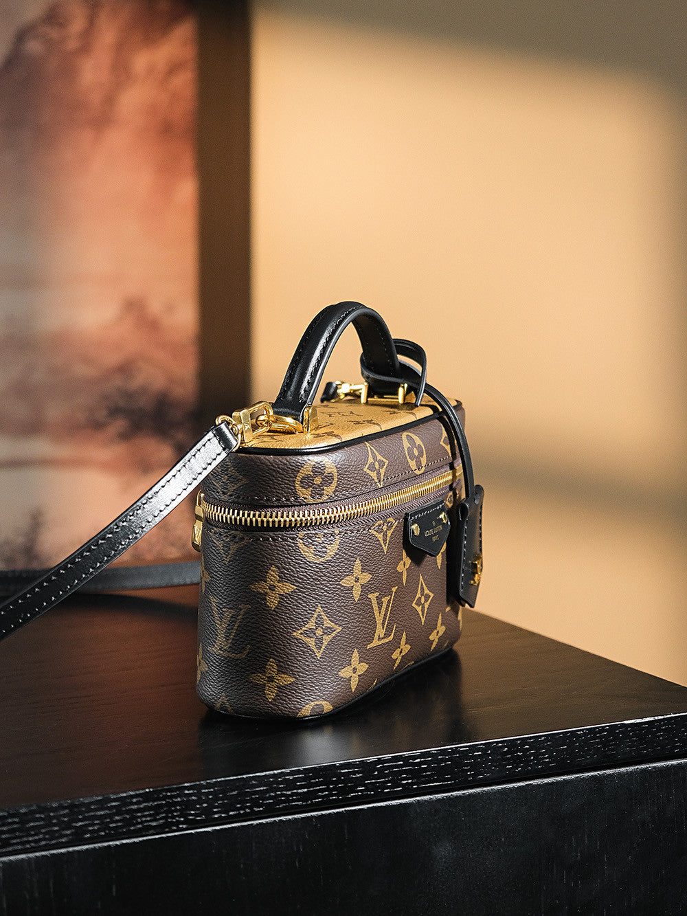 Louis Vuitton Vanity Chain Pouch Women's Brown Monogrammed Pendant Zipper Closure Calfskin Gloves Cosmetic Bag Bags #75134