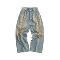 Men's Four Seasons Do Old Low Waist Zipper Closure Solid Color Cotton Loose Denim Jeans Autonomous Label-Free Casual Pants Ngvp #9922
