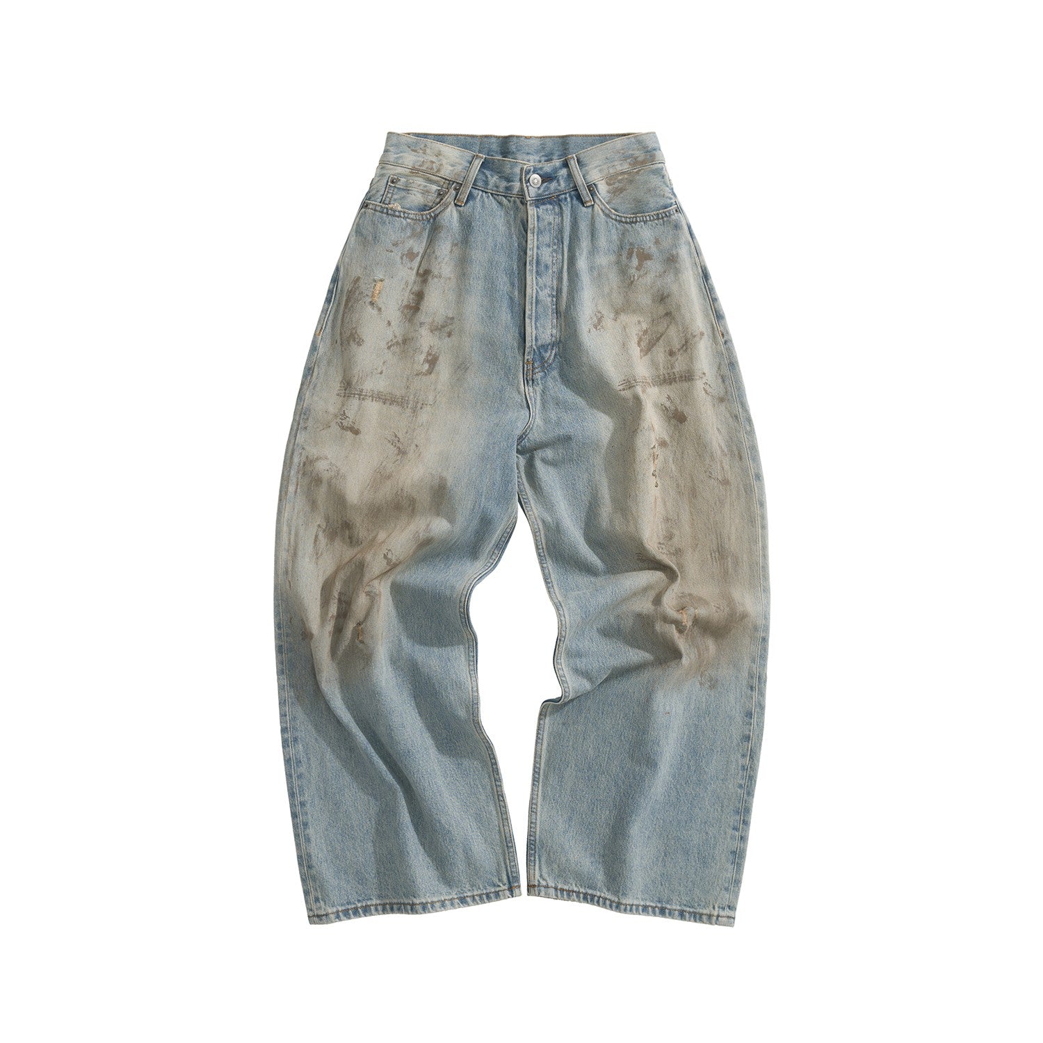 Men's Four Seasons Do Old Low Waist Zipper Closure Solid Color Cotton Loose Denim Jeans Autonomous Label-Free Casual Pants Ngvp #9922