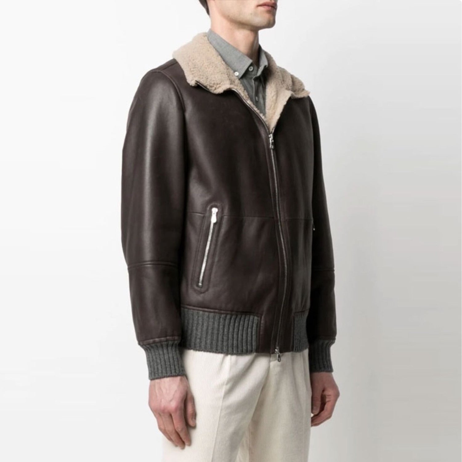 Brunello Cucinelli FW21 Leather And Fur Integrated Pilot Style Coat Leather Jacket Ngvp #6618