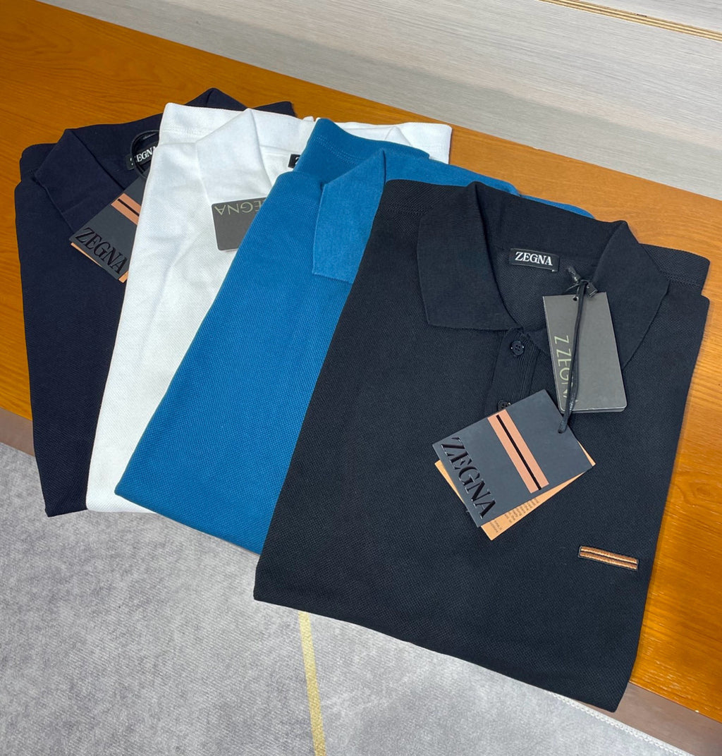 Ermenegildo Zegna Men's Summer Solid Color Breathable Beaded Cotton Fabric Polo Neck Short Sleeve T-Shirt #76929