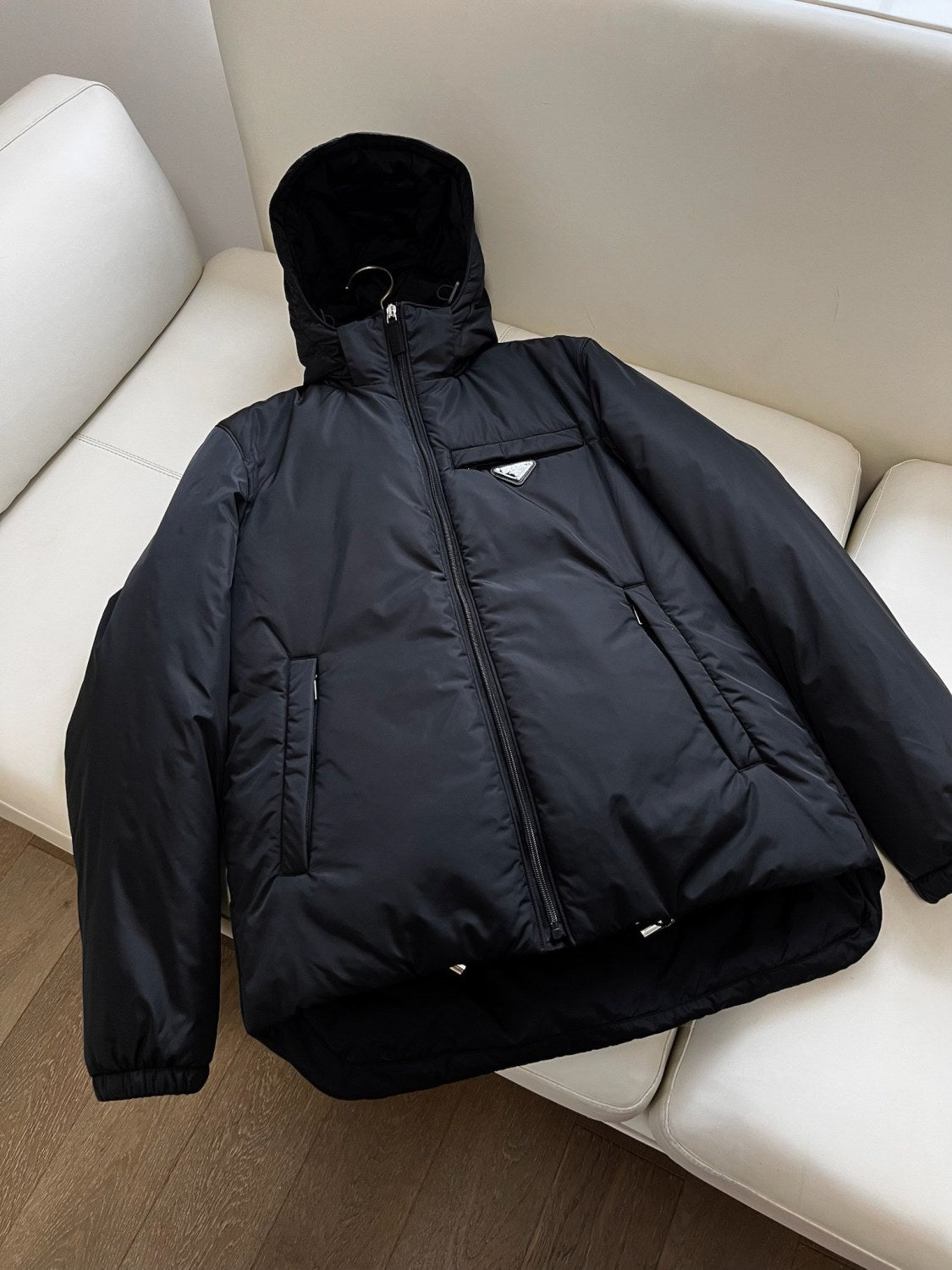 Prada Men's Autumn and Winter Solid Color Letter Logo Hooded Warm Zipper Long Sleeve Puffer Down Jacket #73422