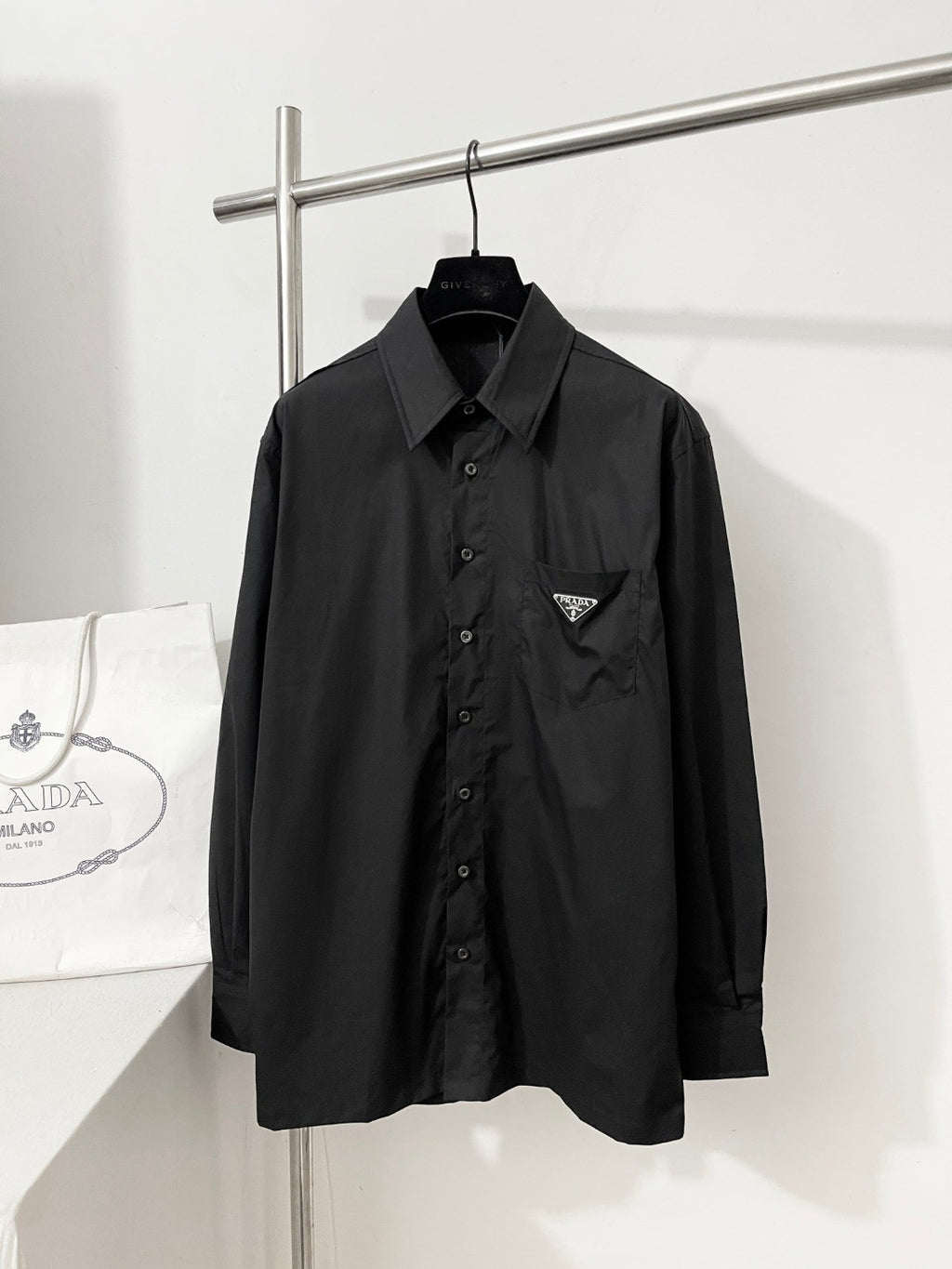 Prada Men's And Women's Spring/Fall Fashion Casual Solid Color Cotton Collared Single Button Long Sleeve Shirt #78891
