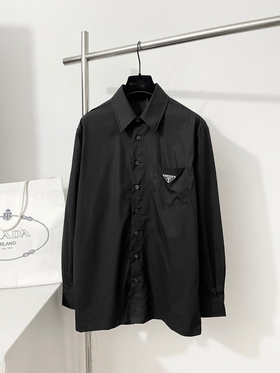 Prada Men's And Women's Spring/Fall Fashion Casual Solid Color Cotton Collared Single Button Long Sleeve Shirt #78891