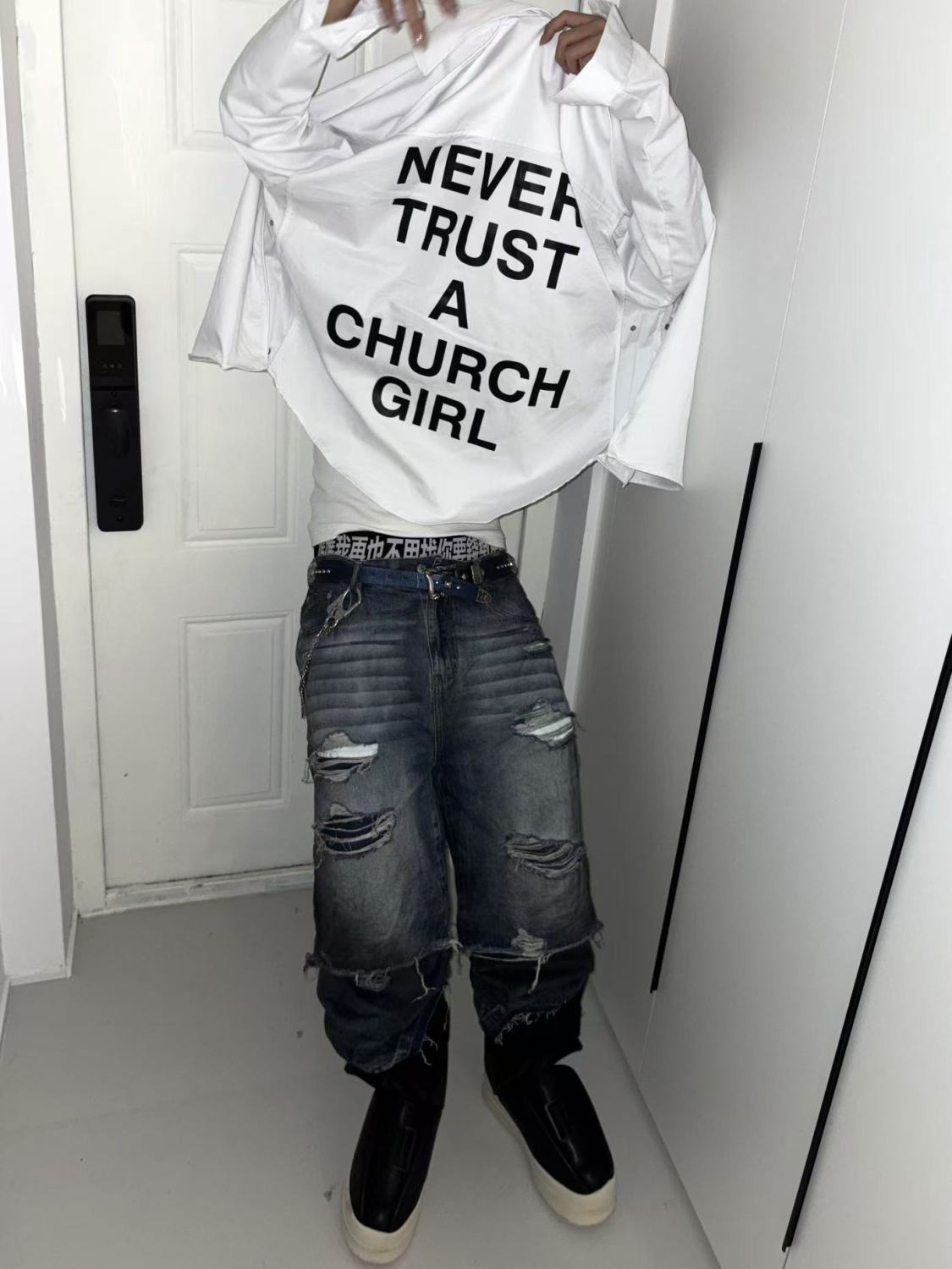 HOOD BY AIR Religious Girl Print White Casual Loose Os Shirt High Street Trend Comfortable Casual Lapel Single Breasted Shirt Top Ngvp #1126