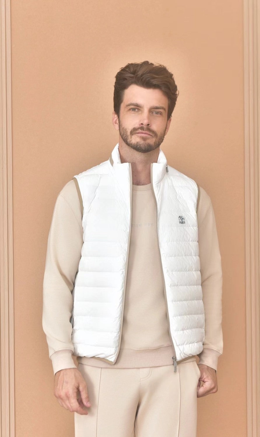 Brunello Cucinelli Men's Logo Embroidered High Neck Zipper Solid Color Fitted Straight Sleeveless Down Vest Ngvp #9665