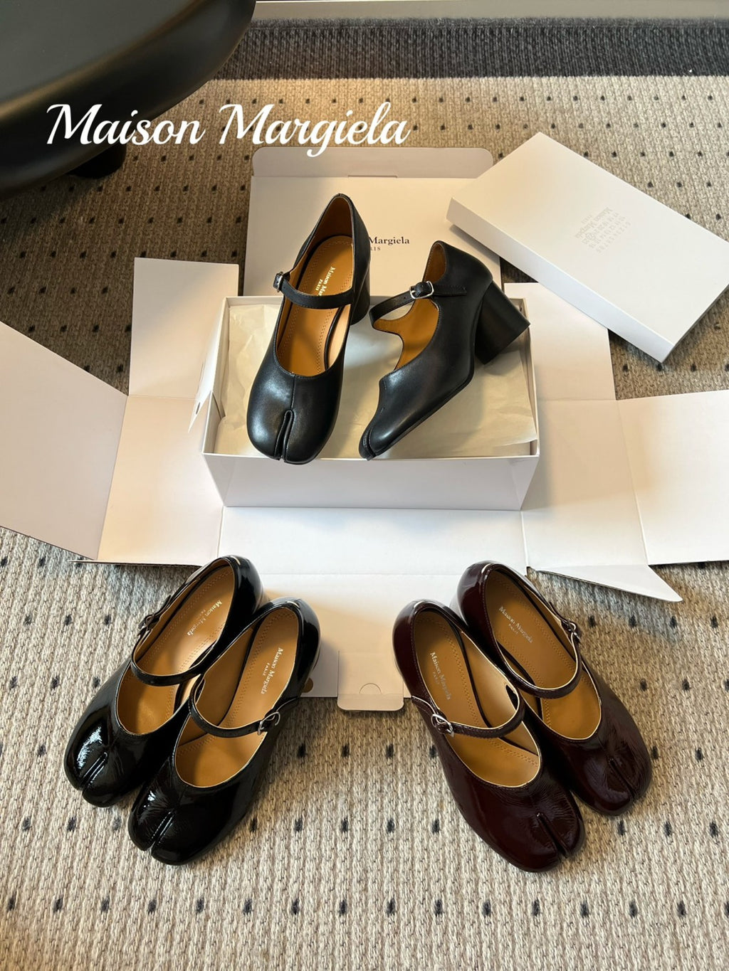 Maison Margiela Women's Spring/Fall Fashion Classic Round Toe Slip On Solid Color Leather Chunky Heel Mary Jane Split Toe Shoes #78646