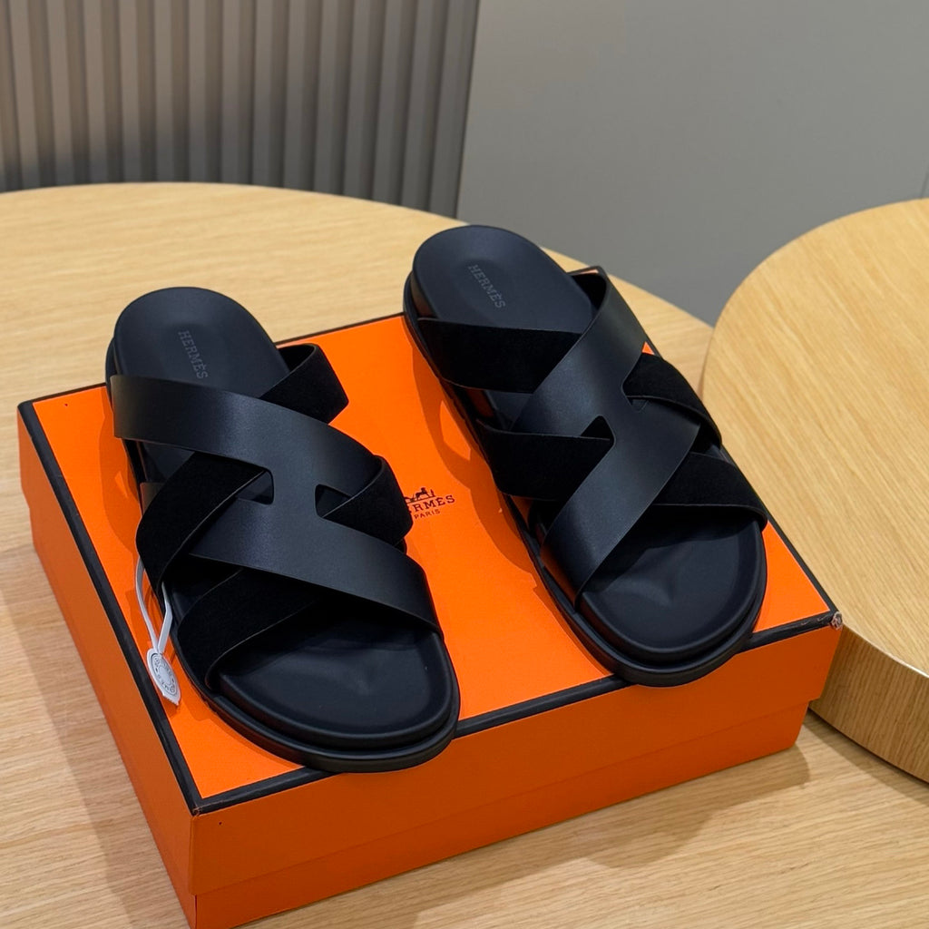 Hermes Men's Summer Solid Color Leather Suede Patchwork Sandals Slippers Shoes #76385