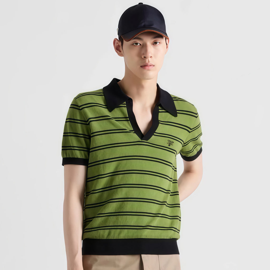 Prada Men's Summer Striped Logo Solid Color Knit Pullover Short Sleeve Polo Shirt #81199