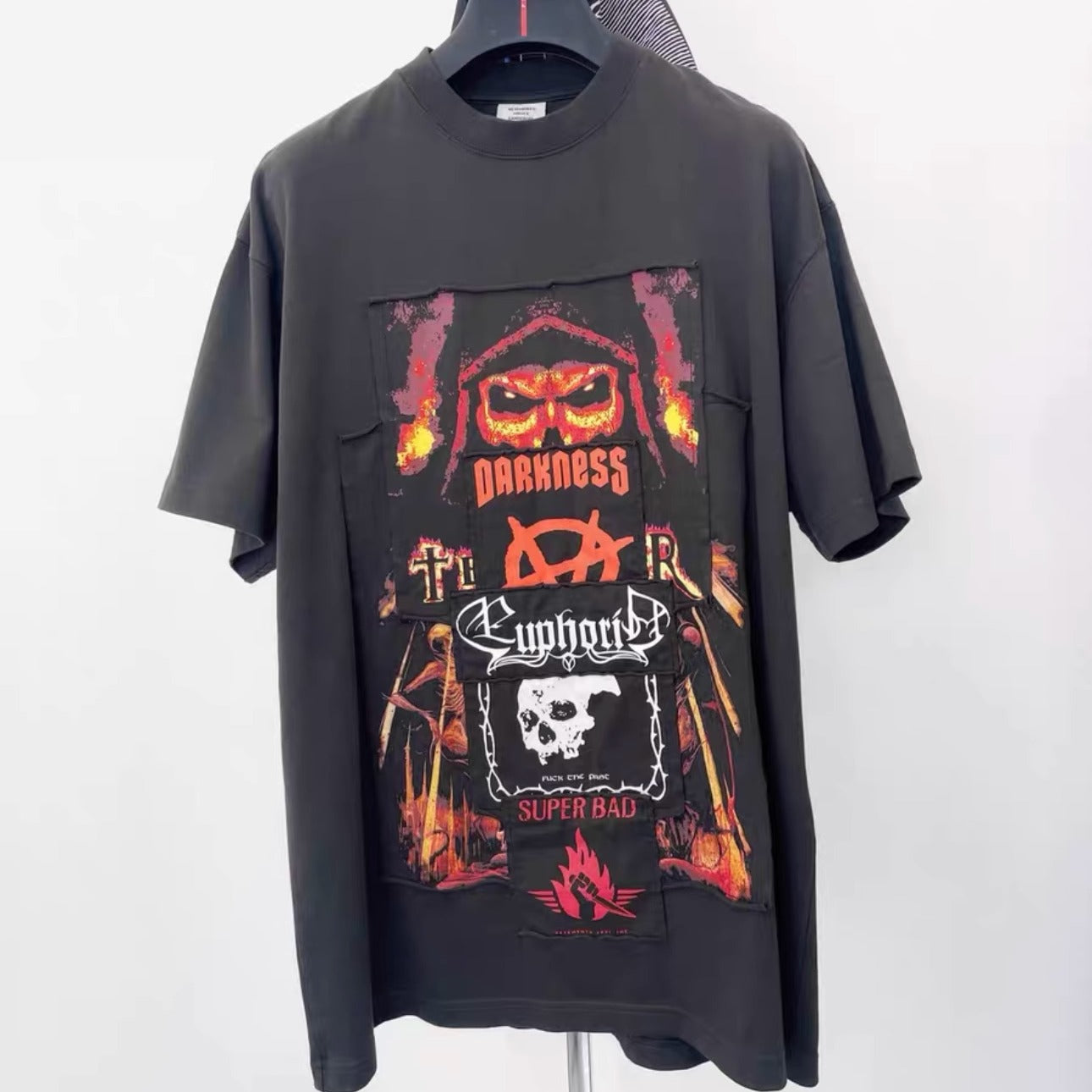 Vetements Men's Spring And Summer Skull Letters Printed Patch T-shirt Fashion Trend High Street Retro Black Loose T-shirt Ngvp #2455