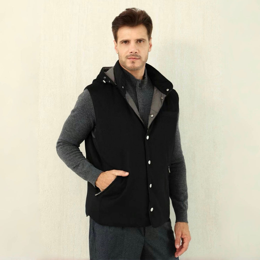 Brunello Cucinelli Men's Spring/Autumn Detachable Hooded Solid Color Single-Breasted Bonded Wool Flannel Down Vest Ngvp #2293