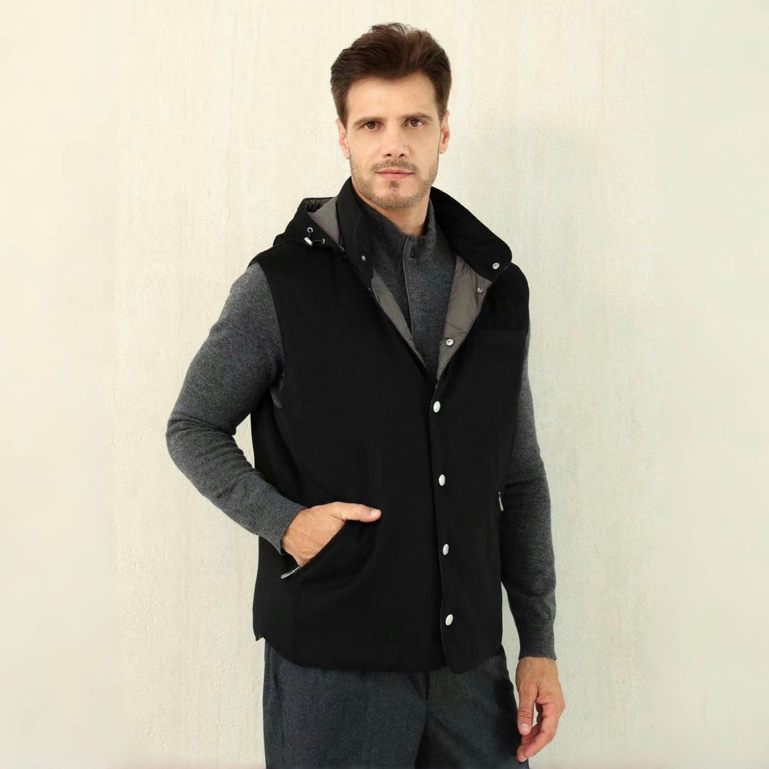 Brunello Cucinelli Men's Spring/Autumn Detachable Hooded Solid Color Single-Breasted Bonded Wool Flannel Down Vest Ngvp #2293