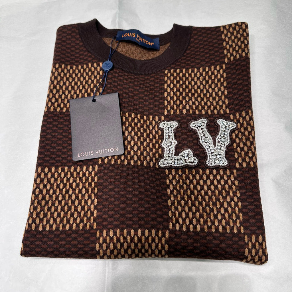 Louis Vuitton Men's Summer Brown DAMIER LV Faux Crystal Logo Checkerboard Cotton Short Sleeve Round Neck T-Shirt #98212
