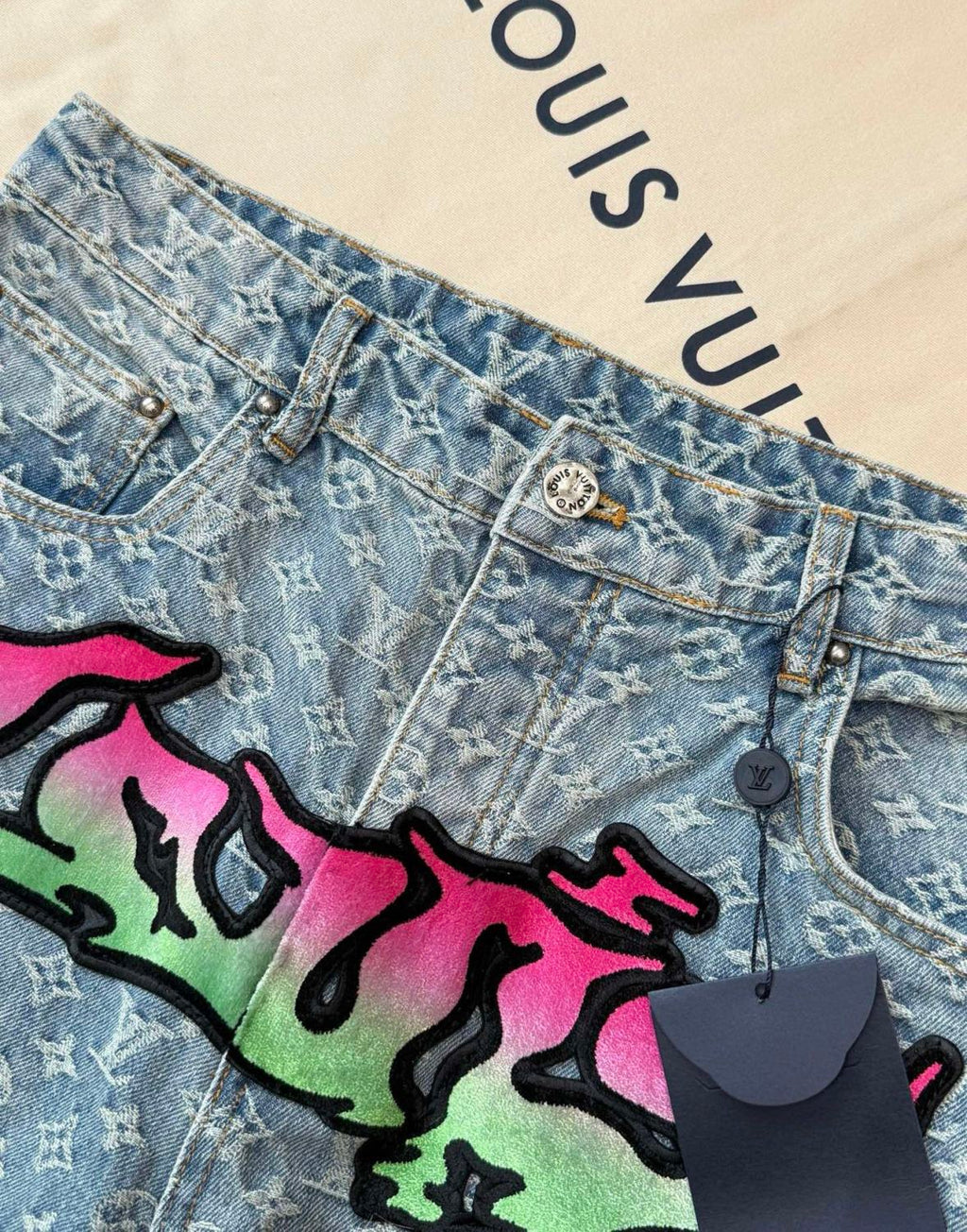 Louis Vuitton Men's Spring Autumn Solid Colour Graffiti Letter Print Casual Jeans Pants #76971