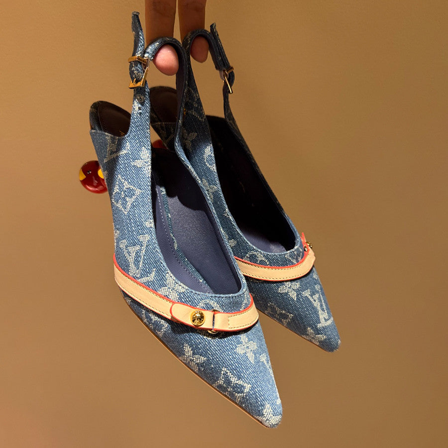 Louis Vuitton Women's Pointed Denim Print Metal Buckle Fine Heel Cherry Heel Retro Solid Color High Heels Casual Slippers Shoes #77858