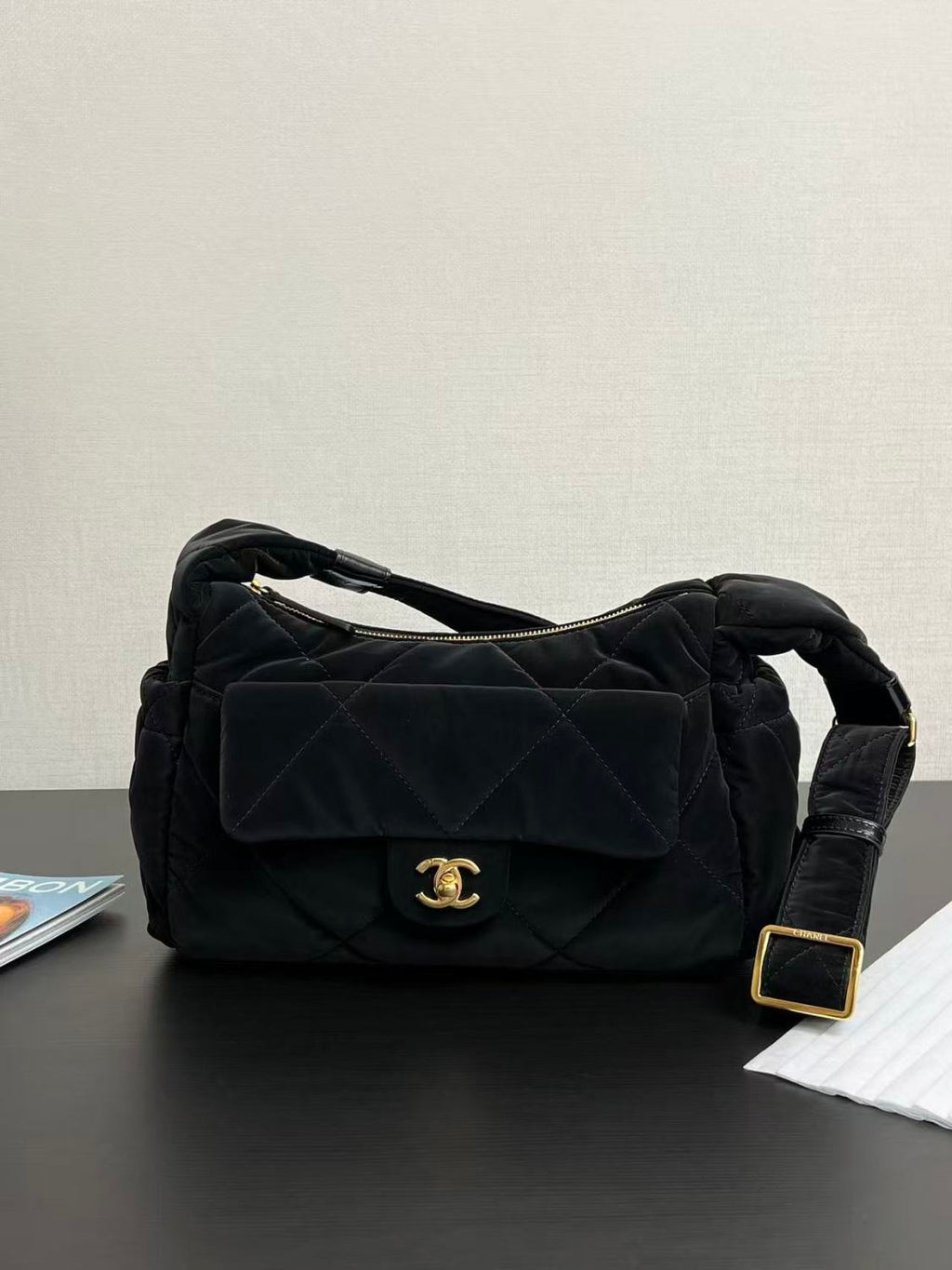 Chanel Large Bowling Bag With Velvet Effect Nylon And Gold Metal Logo Women's And Men's Fashionable Fall/winter Black Crossbody Bags #81986A